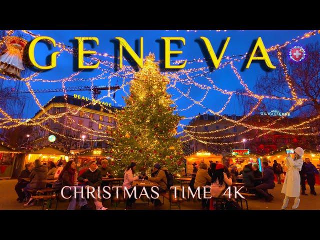 GENEVA SWITZERLAND  Christmas time Evening walking tour from Place du Molard / Markets & Streets 4K