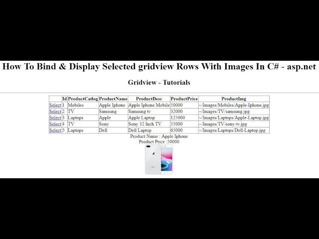 show selected row in gridview select with display image asp.net 4.6
