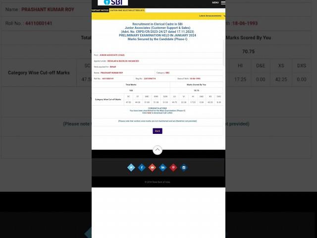 my sbi clerk pre 2023 scorecard and my mains centre ||