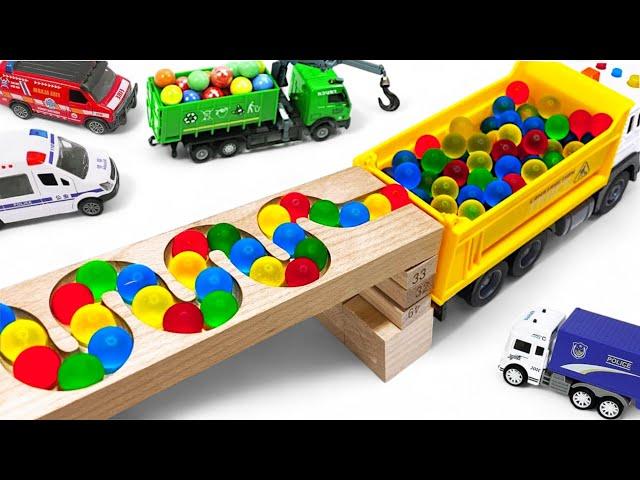 Marble Run ASMR Race  HABA Slope & Dump Truck Excavator Ambulance Forklift Garbage Truck Tractors29