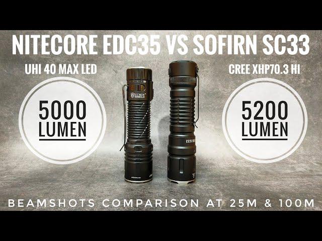 Nitecore EDC35 (5000lm) vs Sofirn SC33 (5200lm) Beamshots Comparison at 25m & 100m