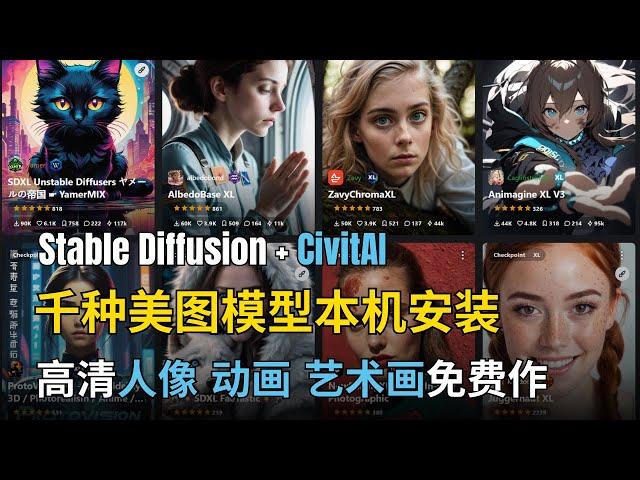 [Stable Diffusion 教程 2024] Stable Diffusion WebUI本机安装CivitAI美图模型 |  高清人像 动画 艺术画免费作 | 千种模型随意用 秒变创作艺术家