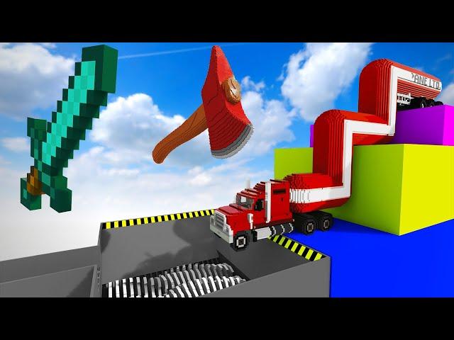 Cars Crash Through The Barriers Of The Giant Staircase And Fall Into The Shredder Factory | Teardown