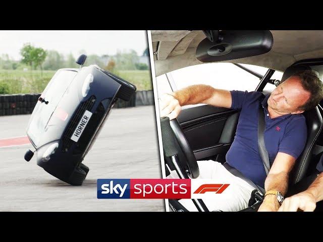 Christian Horner drives an Aston Martin on two wheels!