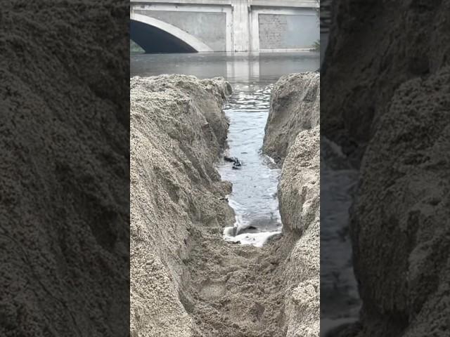 River dam breaks and flows into ocean