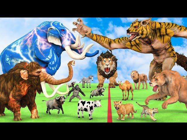 5 Giant Mammoth Elephant Cow Vs 5 Giant Lion Tiger Wolf Attack Buffalo Zebra Saved by Woolly Mammoth