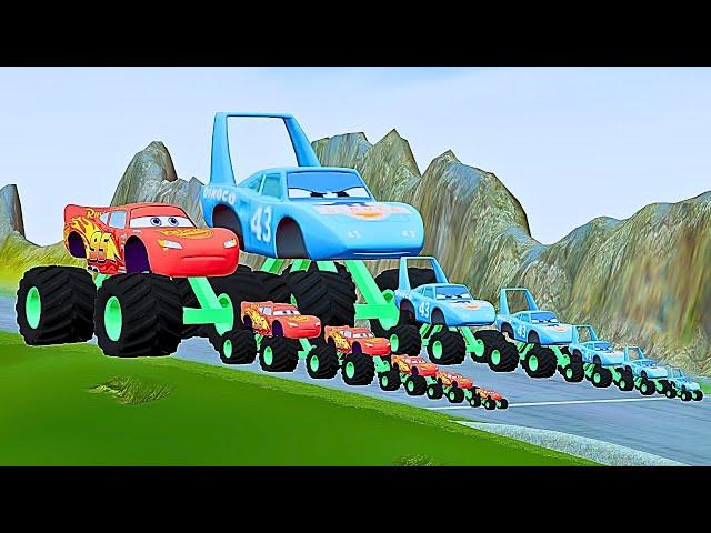 Epic Blue & Red 5 McQueen Monster Trucks Jumps on Lava, Spiderman Dice & Hammer! | Teleport Showdown