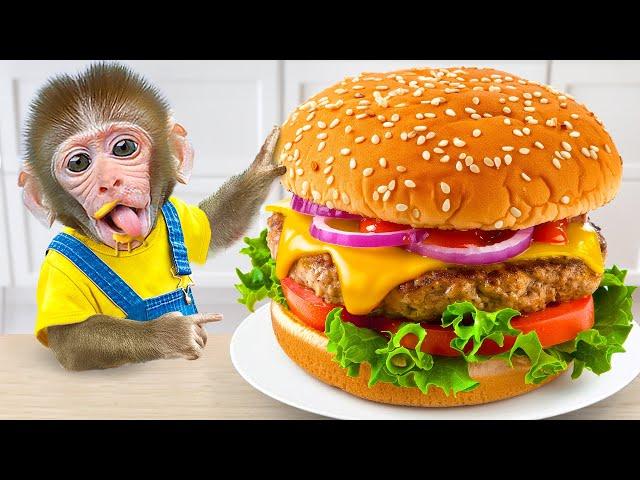 KiKi Monkey eat World's Biggest Hamburger Fast Food at McDonald at 24 Hours | KUDO ANIMAL KIKI