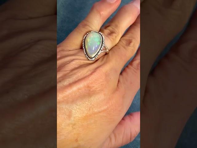 Ethiopian Welo Jelly Opal Silver Bezel Set Ring. 3/4" Teardrop  *Video*