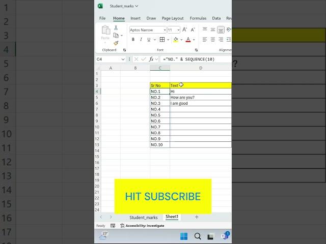 Advanced Excel | Dymanic Row Number | Sequence + Counta | #exceltips #excel #trending#shorts