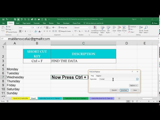 Ctrl + F Shortcut Key with Example in MS Excel Spreadsheet 2016