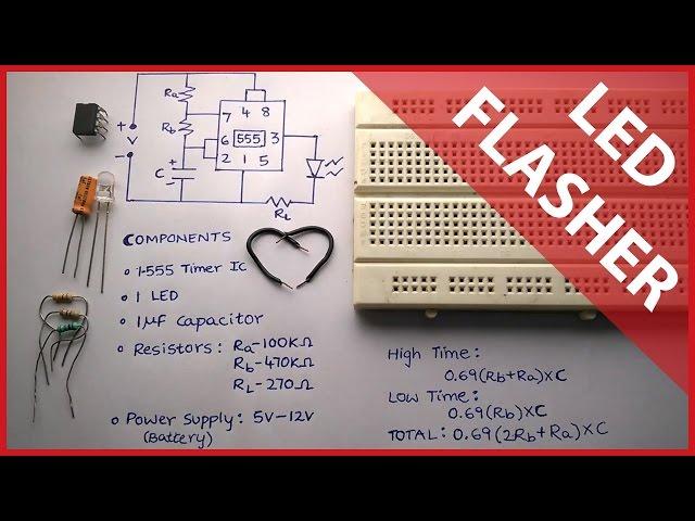 Flashing LED circuit using 555 timer - With theory & explanation