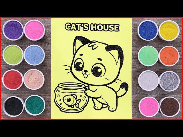 Sand painting cat catching fish, how to paint and draw, sand art (Chim Xinh channel)