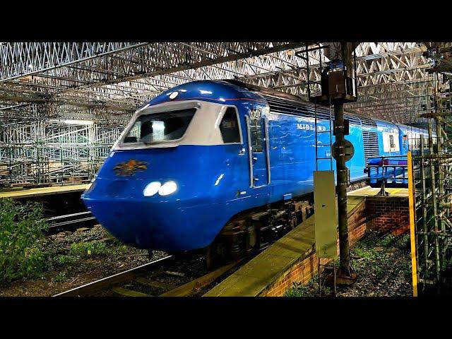 Spotless blue HST beneath under-restoration station roof on Midland Pullman