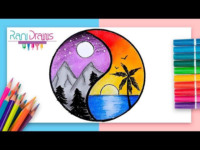 Cómo dibujar un PAISAJE DÍA Y NOCHE con lápices de colores - ideas de dibujos fáciles