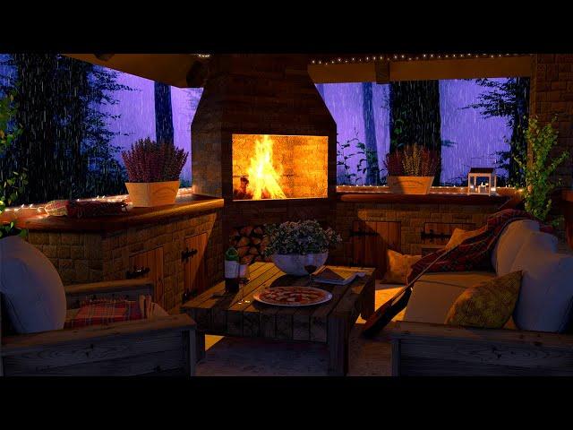 Relaxing Rain and Crackling Fire Ambience: Heavy Rain and Fireplace Sounds in a Gazebo at Night