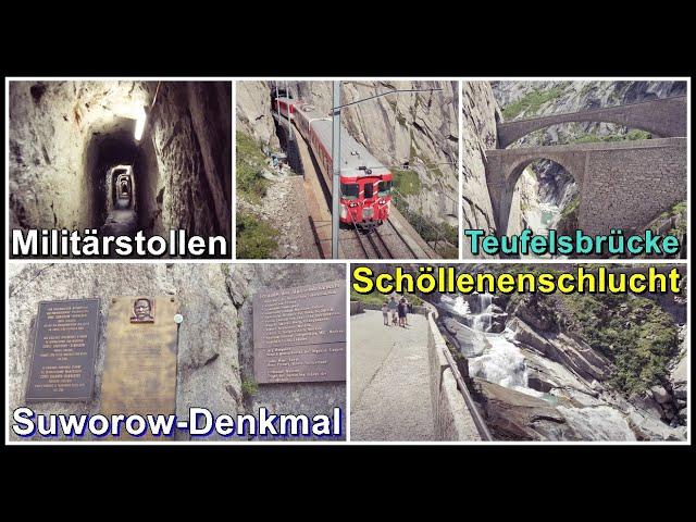 Zahnradbahn bei der Schöllenenschlucht und dem Suworow-Denkmal,  Andermatt, Kanton Uri, Schweiz 2021