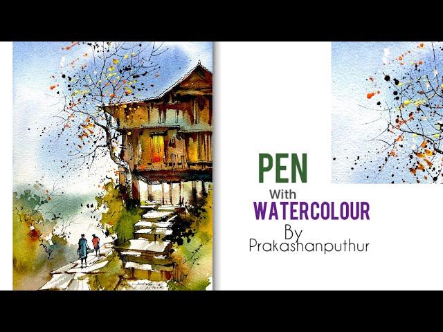 Line-n-wash | watercolor with pen | simple way of painting demo by Prakashanputhur