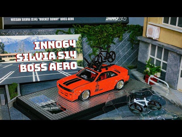 Unboxing ¹/64 Inno64 Nissan Silvia (S14) "Rocket Bunny" Boss Aero - Orange with roof rack and bikes