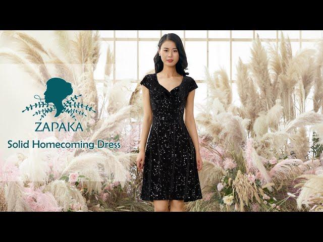 Black V Neck A-line Prom Homecoming Dress with Cap Sleeves | ZAPAKA