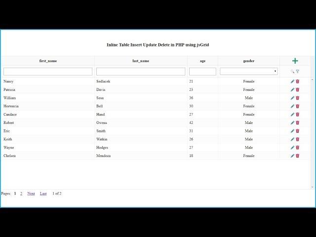 jsGrid Inline Table Insert Update Delete using PHP Ajax