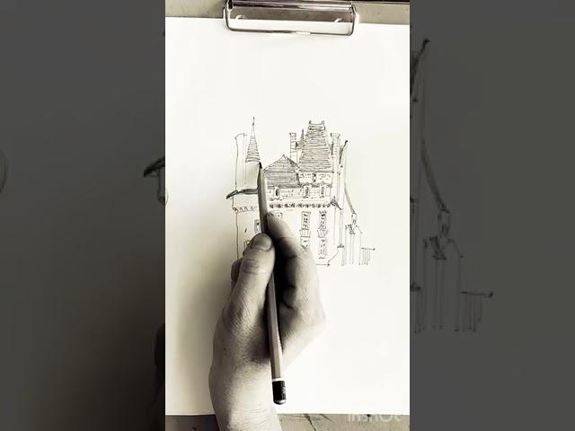 Castle and tree, pensl drawing