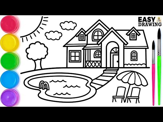 Big House with Swimming Pool Drawing / Let's Learn How to Draw House Drawing Online / Mayra Drawing