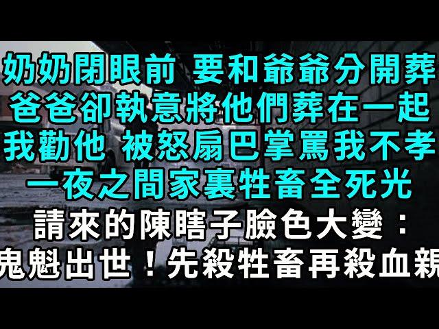 奶奶閉眼前，要求和爺爺分開葬，我爸卻執意將他們葬在一起，我勸他 被怒扇巴掌罵我不孝，可第二天 家裏的牲畜全死光，請來的陳瞎子臉色大變：：「鬼魁出世！先殺牲畜再殺血親！」#小說#爽文#情感故事