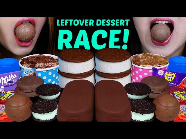 ASMR LEFTOVER DESSERT RACE! CADBURY CREME EGG COOKIES, MILKA OREO SNOBALLS, GIANT ICE CREAM BARS 먹방