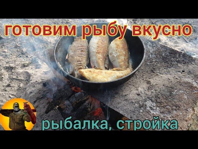 Готовим рыбу на костре. Ловим язей. Строииельство избы .