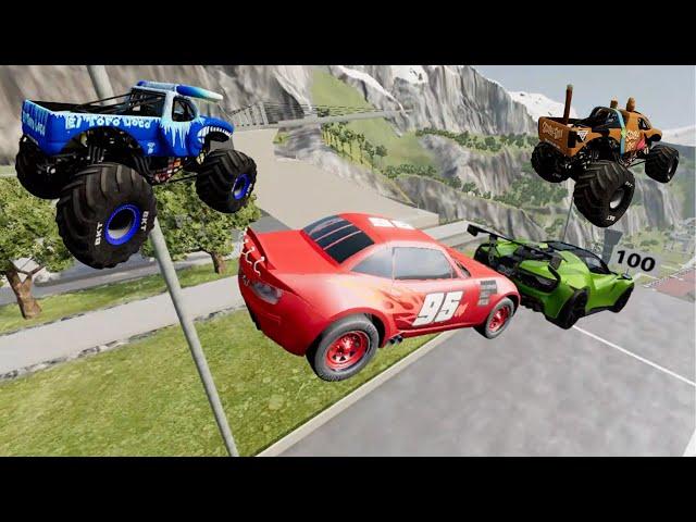 Epic High Speed Jumps & Crashes 18 - BeamNG Drive Monster Jam Trucks, Lightning McQueen, & Cars