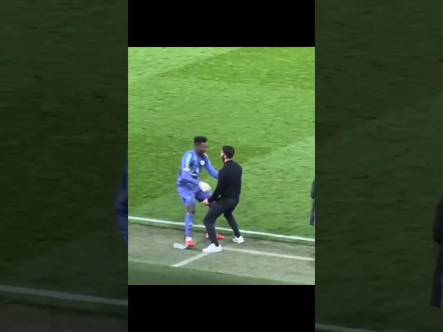 Andre Onana hugs Amorim in celebrations vs Lyon after Maguire winning goal