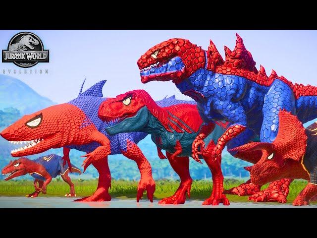 RED SPIDERMAN TEAM 2 Battle in Jurassic World SuperHero Spider-man Dinosaurs!