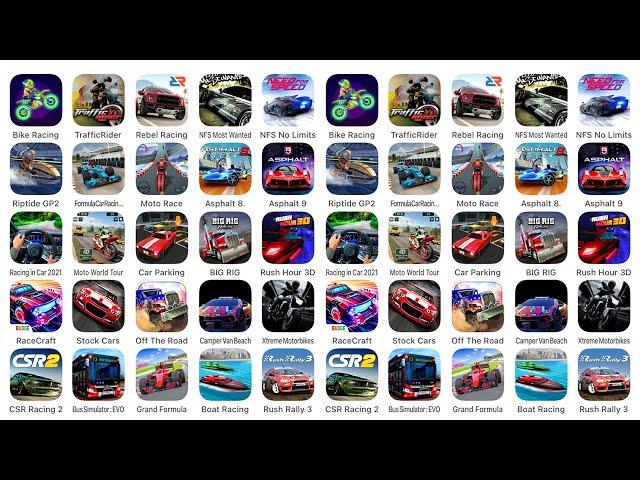 Games: Bike Racing, Traffic Rider, Rebel Racing, NFS Most Wanted, NFS No Limits, Riptide GP 2...