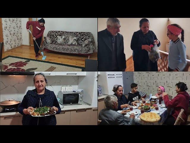 Grandma made delicious cutlets for her grandchildren \Grandpa gave us flowers for the holiday