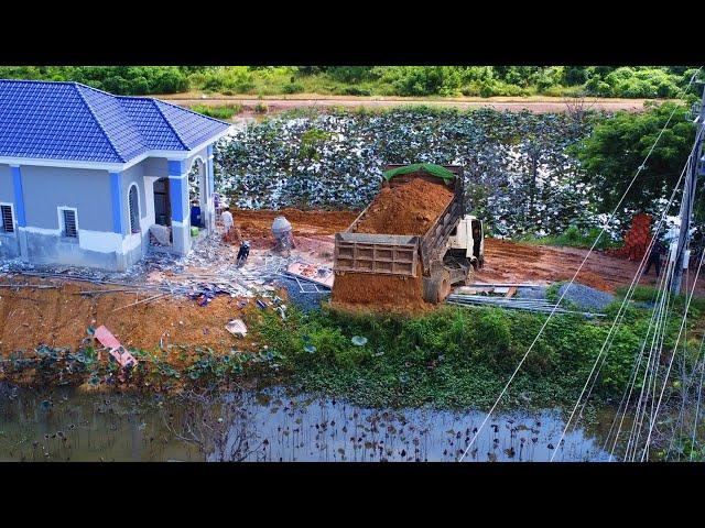 Starting A New Project Filling Pond!! Strong Bulldozer Komatsu Pushing Soil into water & 5ton Truck.