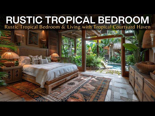 Embracing Harmony: Rustic Tropical Bedroom & Living Space with a Tranquil Tropical Courtyard Haven