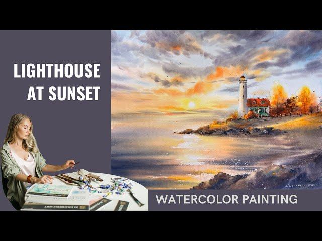 Autumn Landscape in Watercolor | Lighthouse at Sunset | Painting by Eugenia Gorbacheva