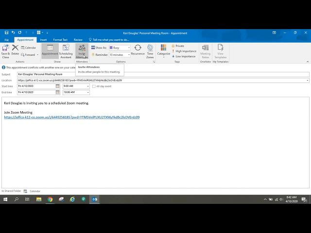 Scheduling a Zoom in Outlook