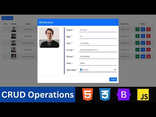 Complete CRUD Operations using HTML CSS Bootstrap v5 and JavaScript Local Storage. CRUD Application