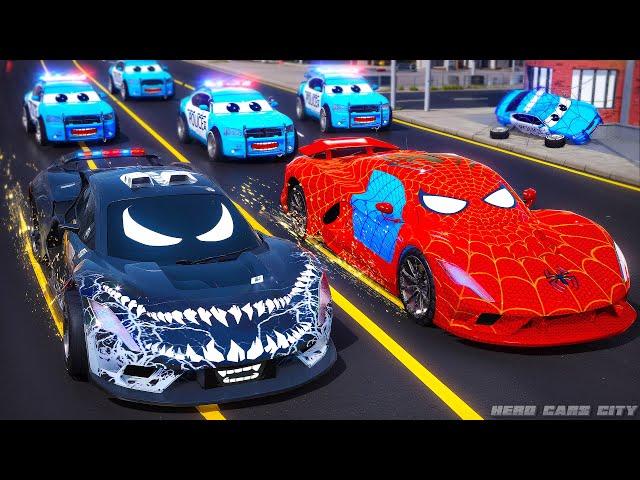 Evil Venom Car's Rampage: Spiderman Car & Police Cars Battle for City Defense | Episode 1 Hero Cars