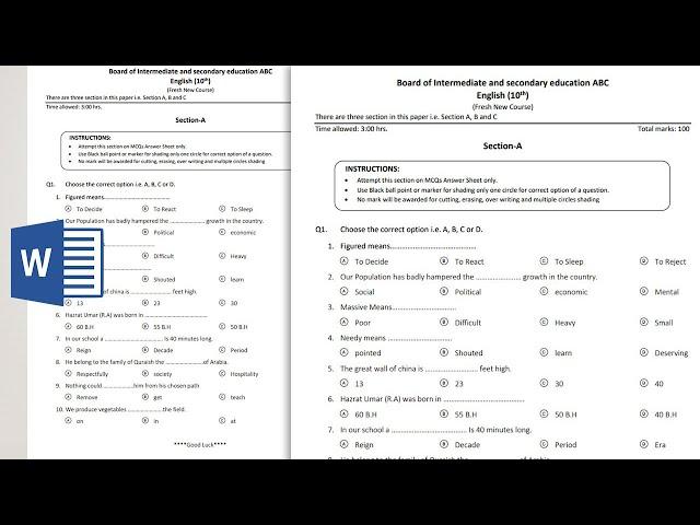 Creating multiple choice question paper for English subject in ms word 2019