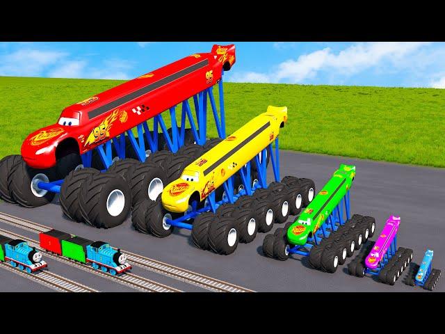 Big & Small, Long & Tall Lightning McQueen with Monster Truck Wheels vs Trains | BeamNG.Drive