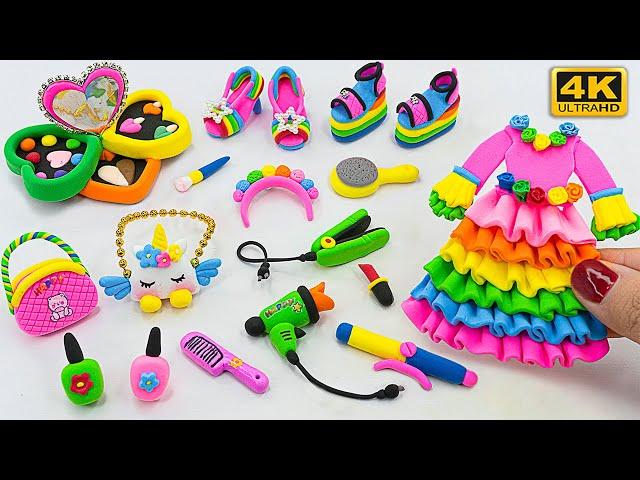 DIY HowTo Make Polymer Clay Miniature Makeup Set, Rainbow Dress, Shoes, Eyeshadow, Unicorn Bag #75