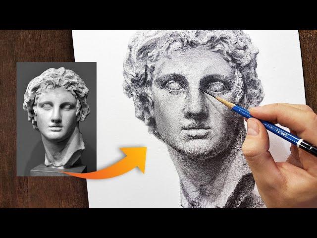 Realistic graphite drawing tutorial | Bust of Alexander the Great