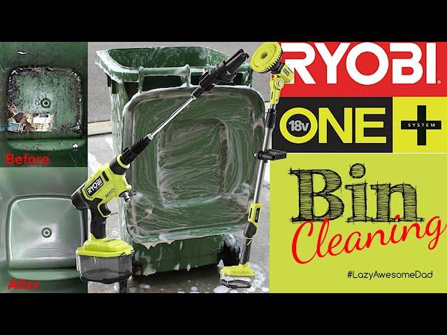 Cleaning BIN trash can with Ryobi telescopic scrubber and EZclean power washer 600psi pressure ASMR