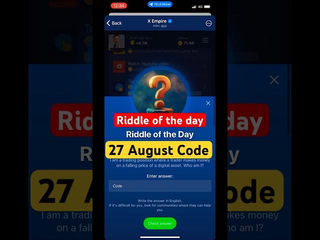 27 August - Riddle of the day Code || Musk Empire  #muskempire