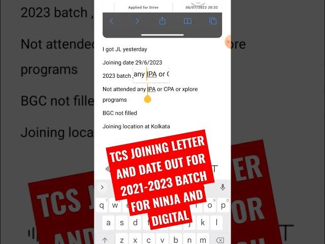 TCS JOINING LETTER AND DATE OUT FOR 2021-2023 BATCH FOR NINJA AND DIGITAL #youtubeshorts #ytshorts