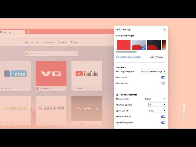 Quick Settings Panel for Start Page in Vivaldi