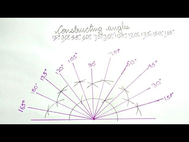 constract angles 15,30,45,60,75,90,105,120,135,150,165|construction|with compass|in hindi